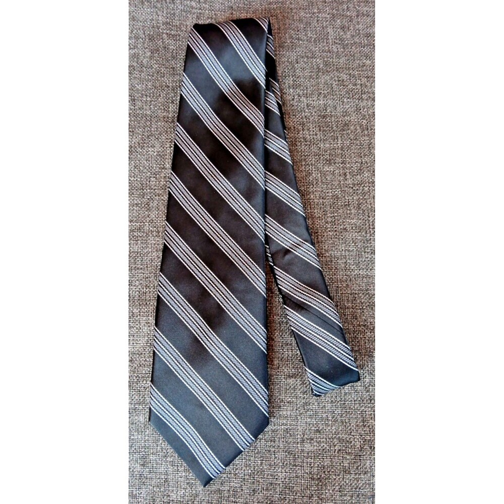 Tie 70s 80s 90s Y2K Mens Silk Road Black Gray stripe 3.75 Wide 58 Long